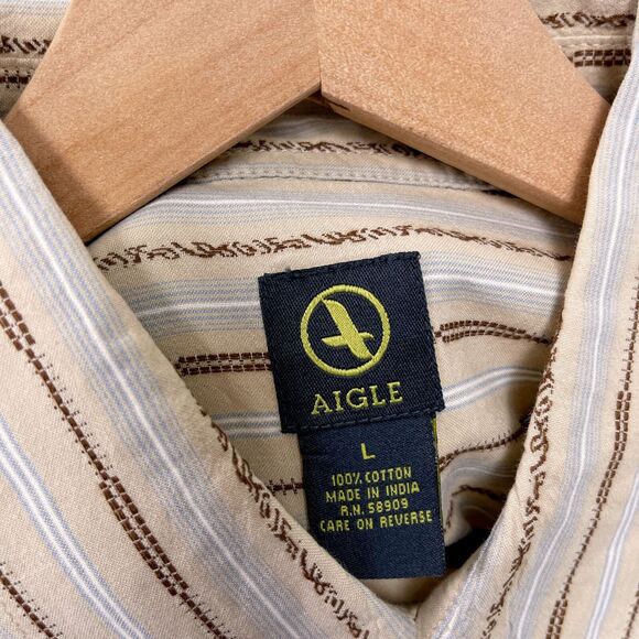 AIGLE Embroidered Striped Button Front Shirt Beige Brown Lightweight Mens Large - Picture 6 of 6